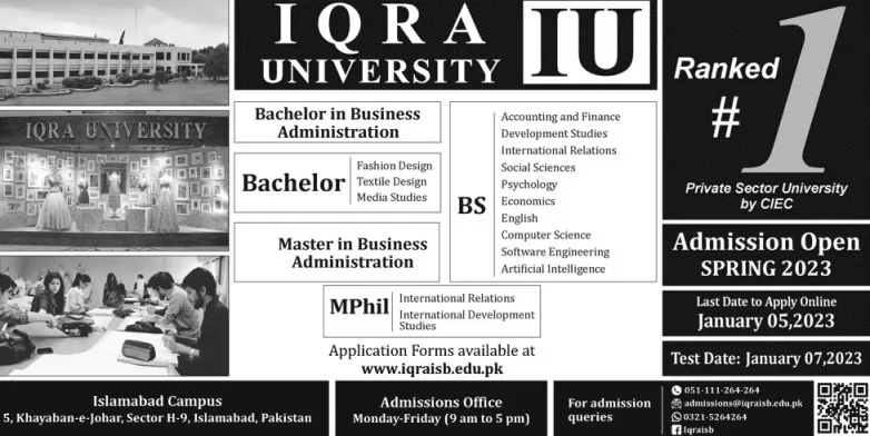 admission announcement of Iqra University [isb]